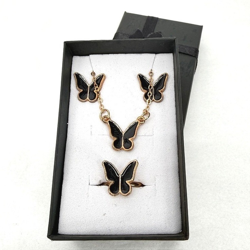 Butterfly Jewelry SET Necklace Earrings and Ring Black Gold Tone in Gift Box